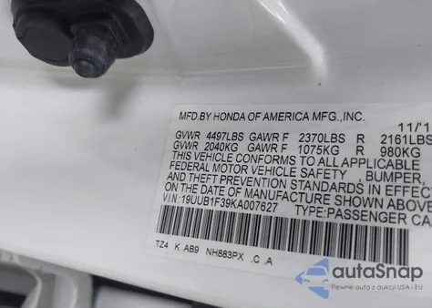 2019 Acura Tlx Standard from USA, damaged, VIN 19UUB1F39KA007627